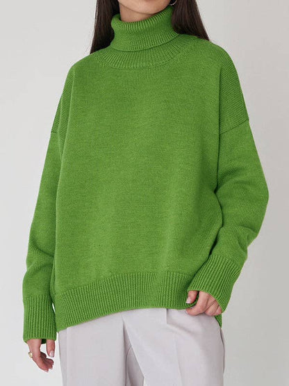 Long Sleeves Loose Solid Color High Neck Knitwear Sweater