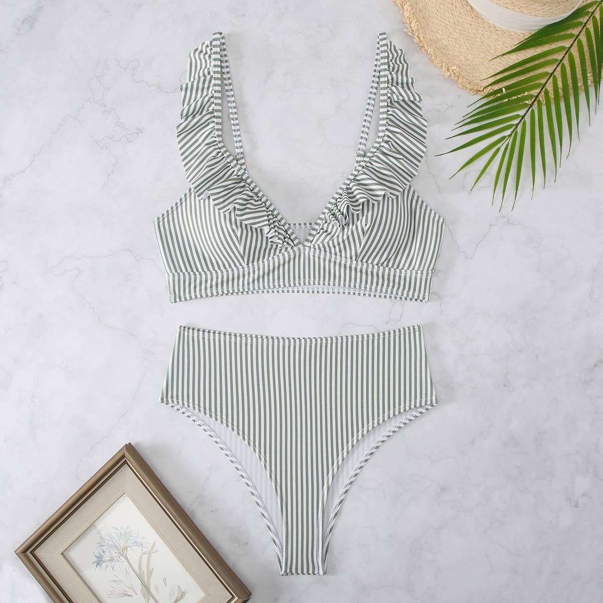 High-Waisted V-Neck Ruffled Bikini Swimsuit_CWMW0200