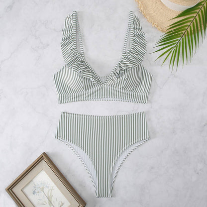 High-Waisted V-Neck Ruffled Bikini Swimsuit_CWMW0200