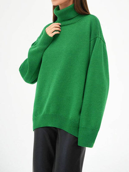 Long Sleeves Loose Solid Color High Neck Knitwear Sweater