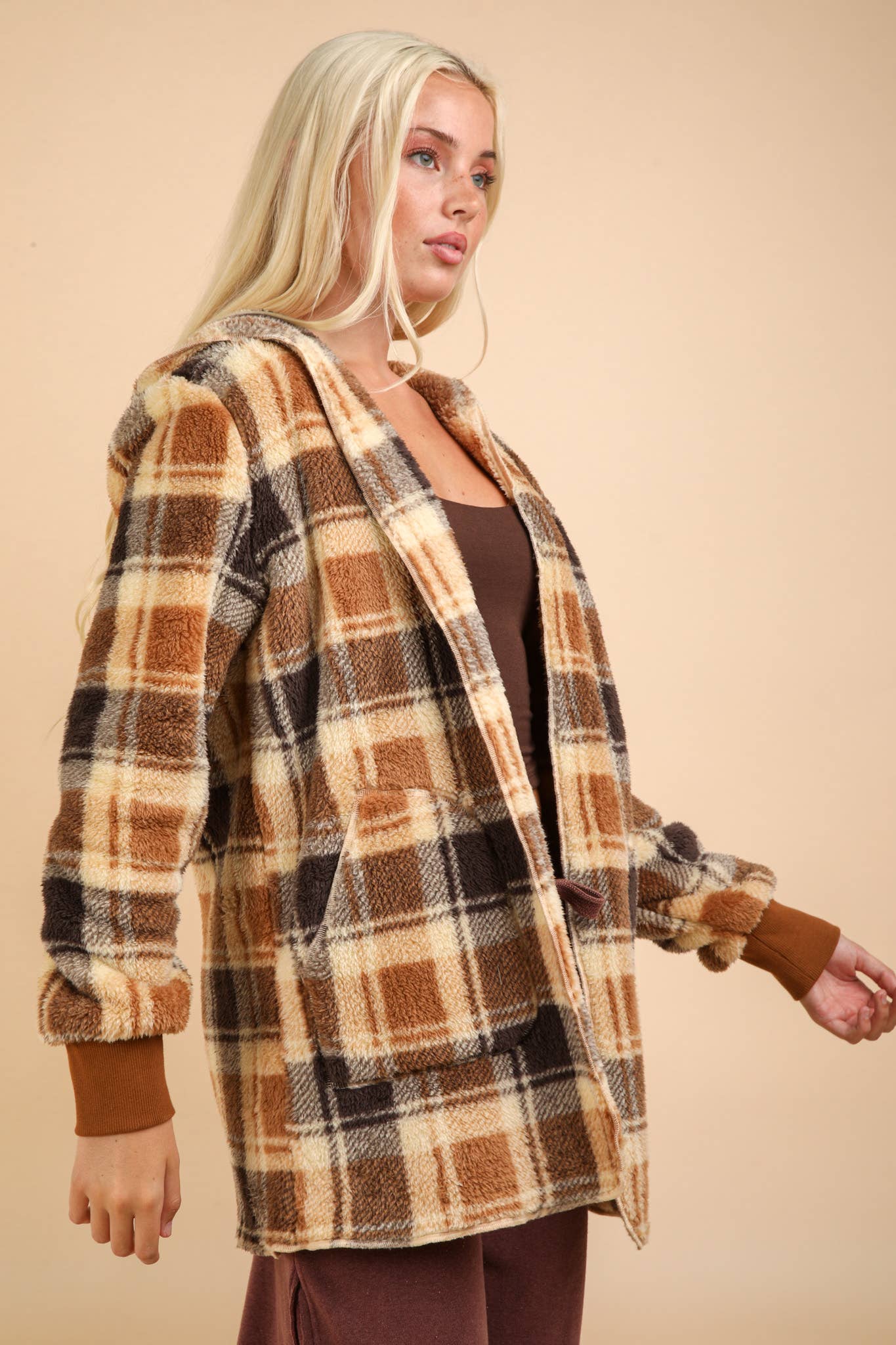 Oversized Faux Fur Tunic Hooded Printed Jacket