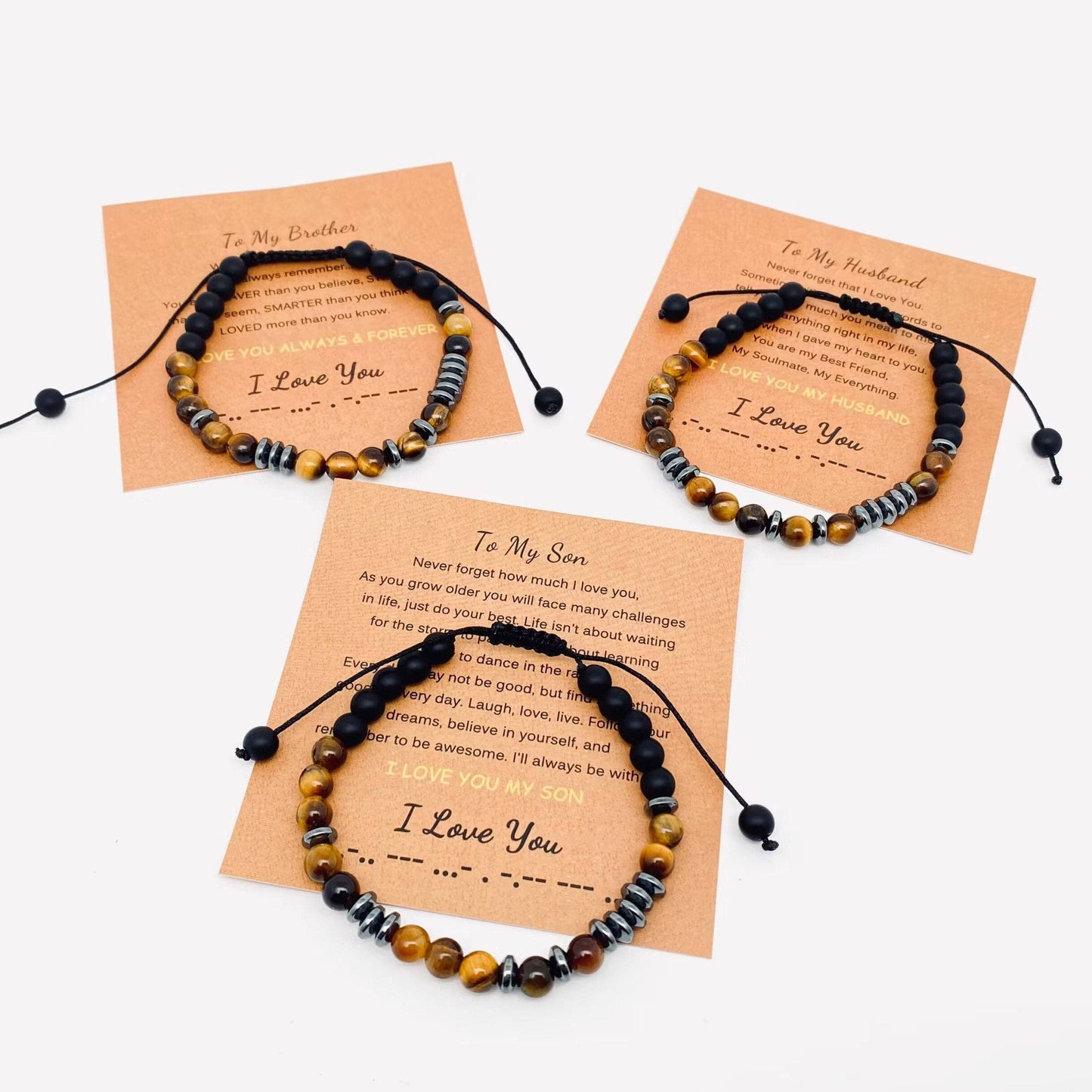 Morse Code "I Love you" Tiger's Eye Stone Gift Bracelets