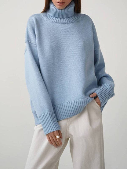 Long Sleeves Loose Solid Color High Neck Knitwear Sweater