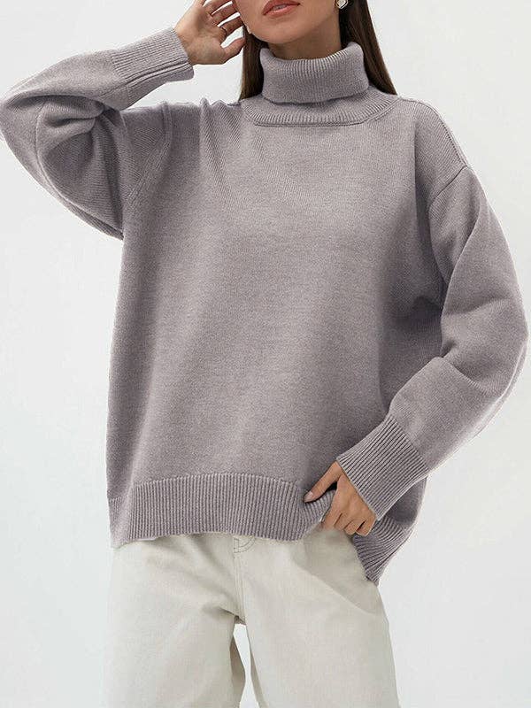 Long Sleeves Loose Solid Color High Neck Knitwear Sweater