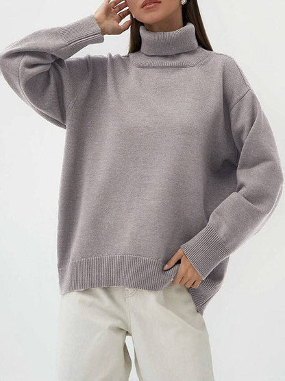 Long Sleeves Loose Solid Color High Neck Knitwear Sweater