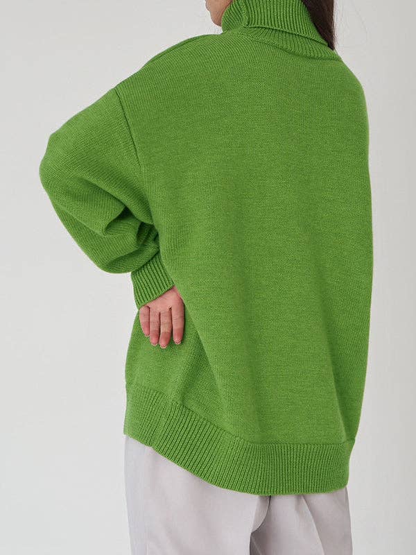 Long Sleeves Loose Solid Color High Neck Knitwear Sweater