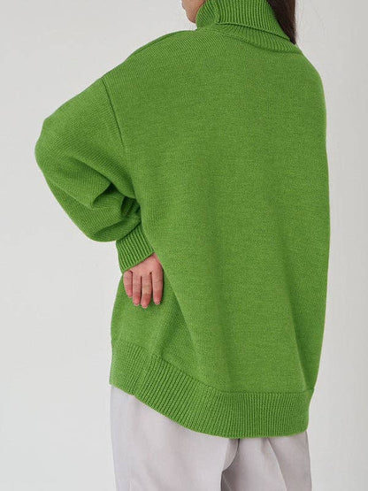 Long Sleeves Loose Solid Color High Neck Knitwear Sweater