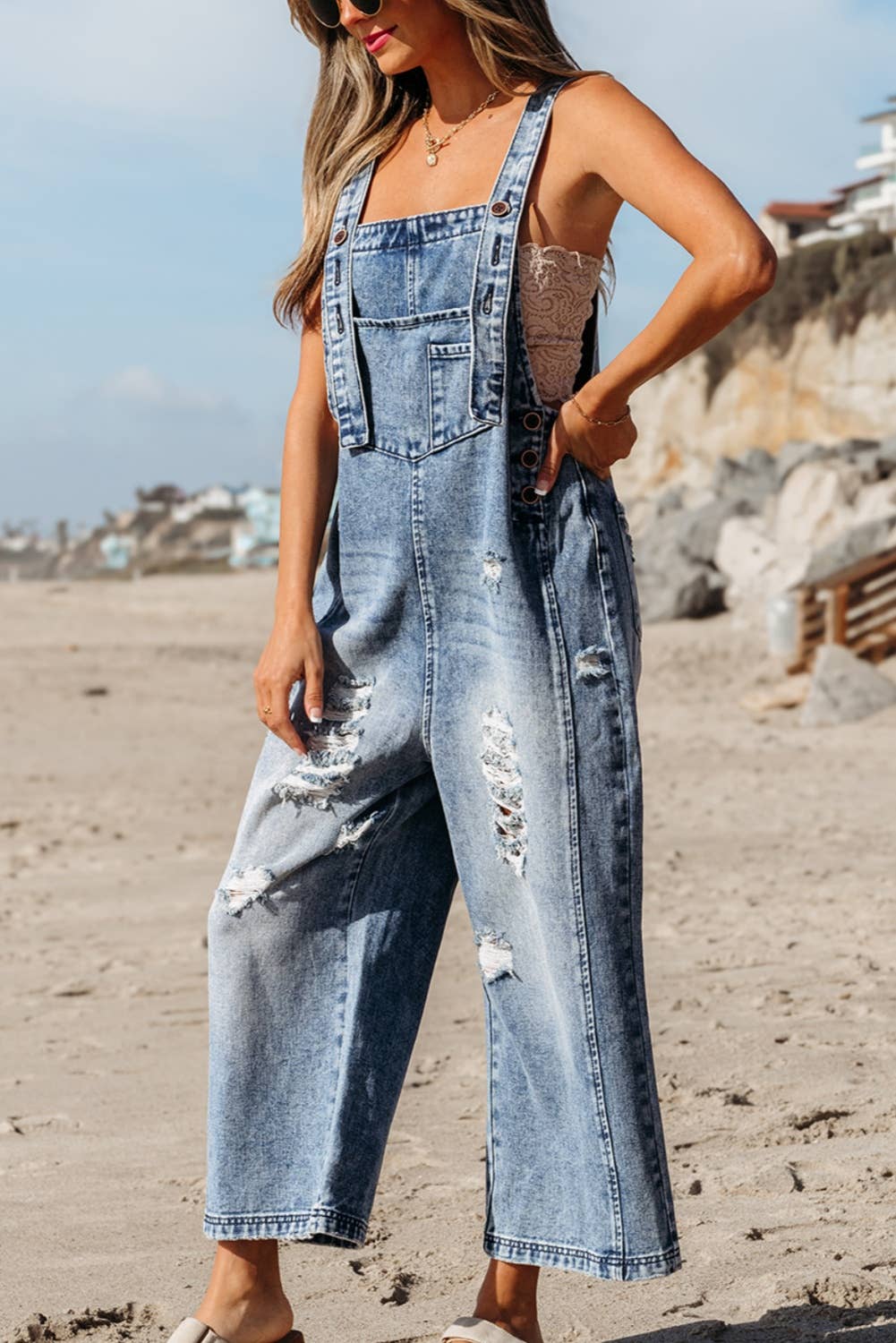 Distressed Pocketed Wide Leg Capri Denim Overall | 2 Colors