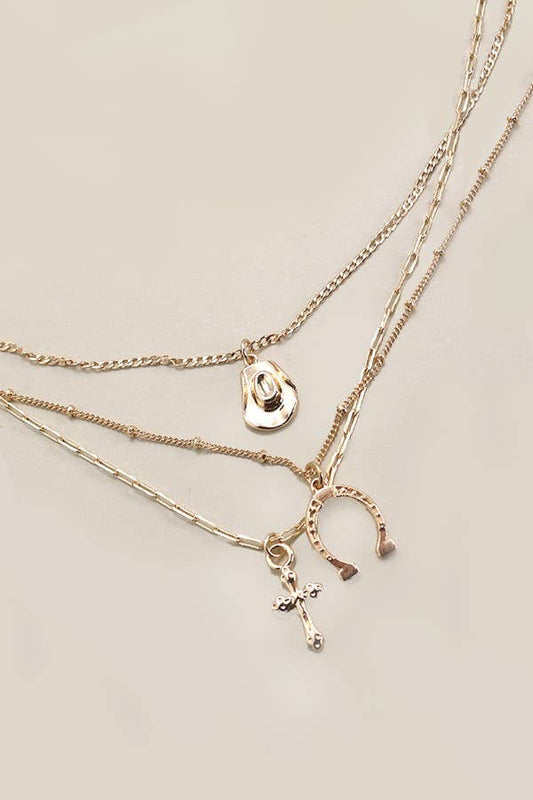 trio layer horseshoe cross charm necklace