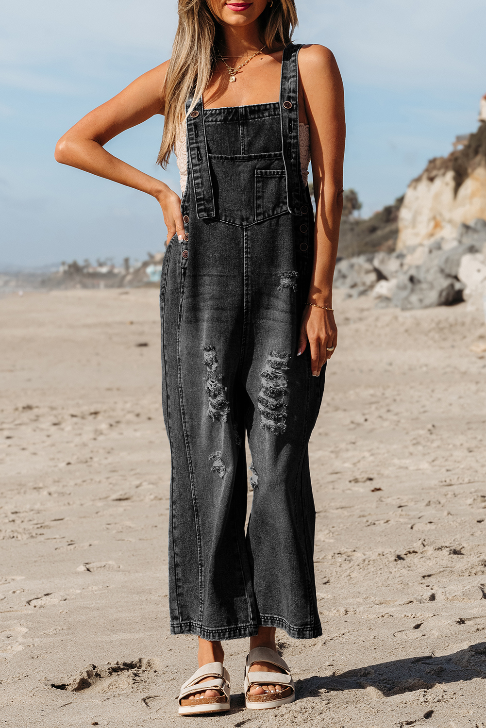 Distressed Pocketed Wide Leg Capri Denim Overall | 2 Colors