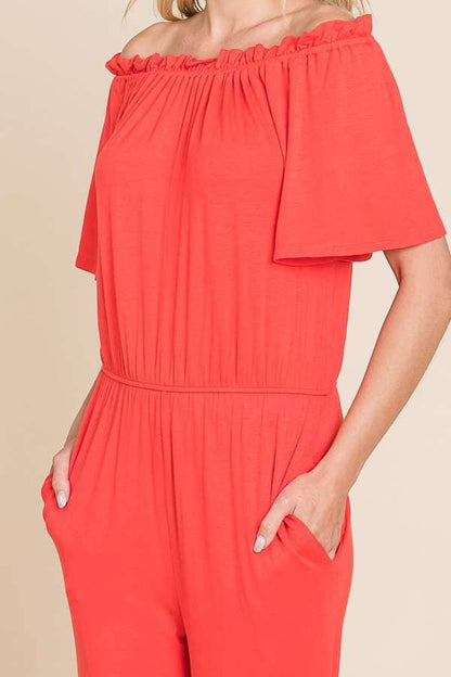 Off Shoulder Peasant Jumpsuit: XL, DESERT