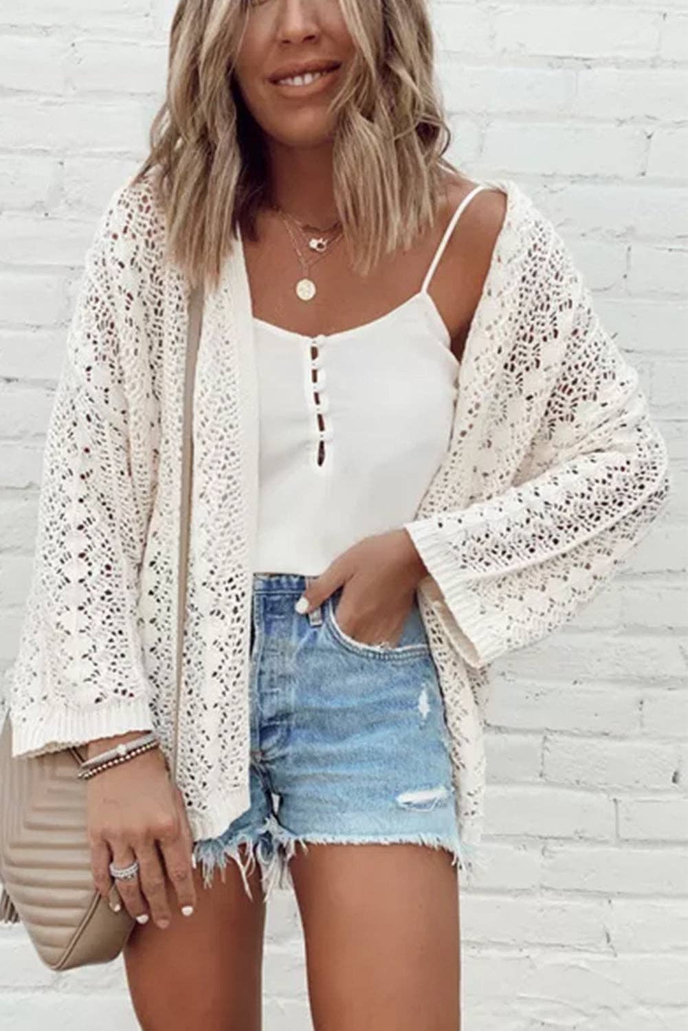 White Hollow Knit Drop Shoulder Cardigan