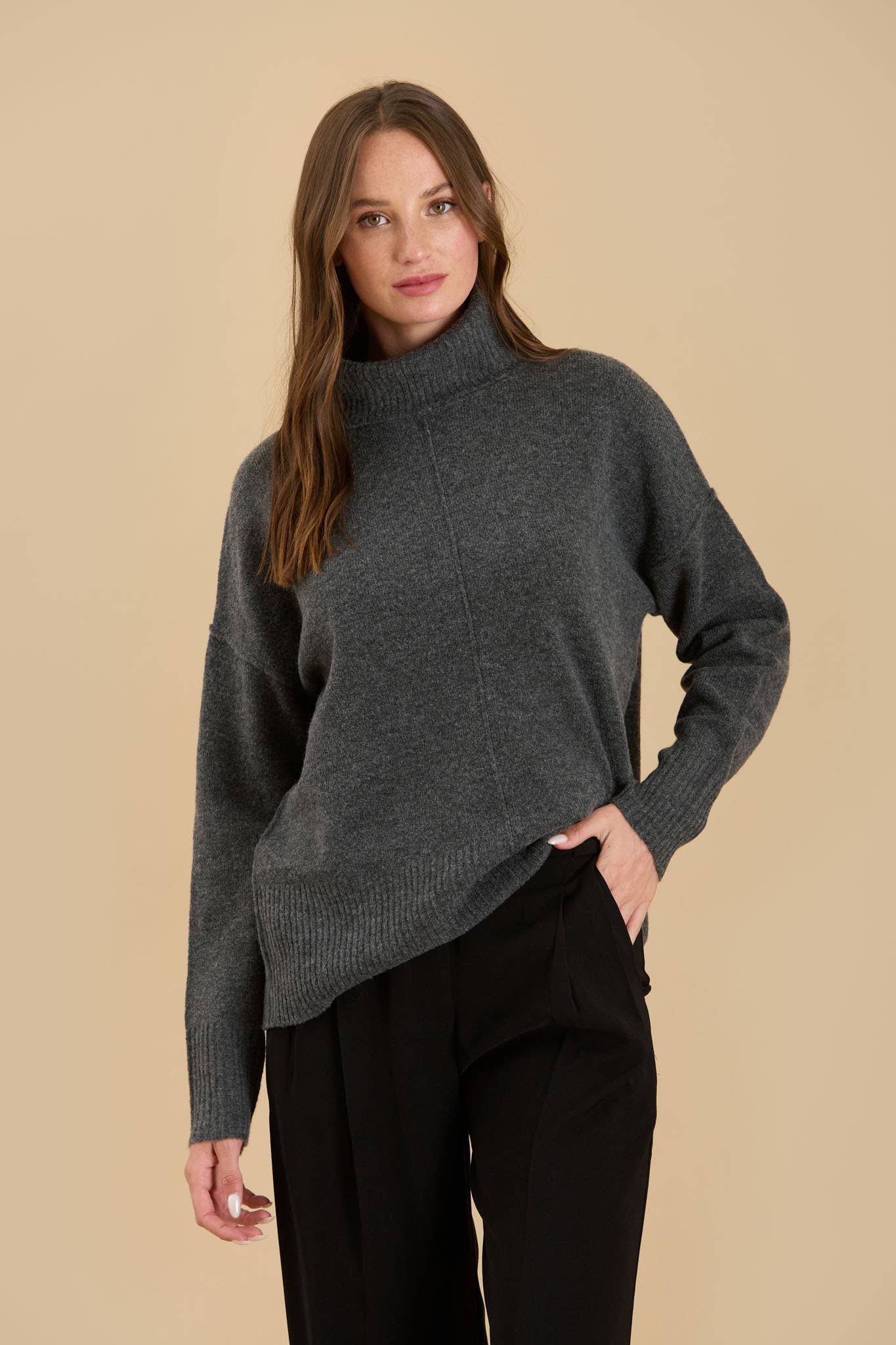 TURTLENECK FRONT SEAM KNIT PULLOVER SWEATER