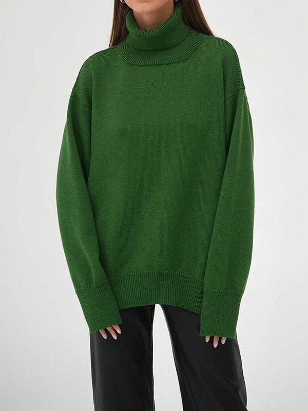 Long Sleeves Loose Solid Color High Neck Knitwear Sweater
