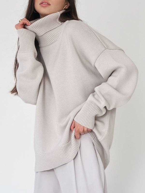 Long Sleeves Loose Solid Color High Neck Knitwear Sweater