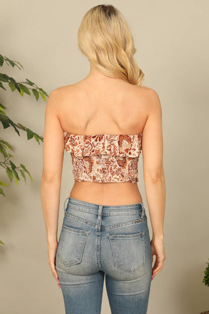 Smocked Ruffle Tube Floral Crop Top Fahion For Women