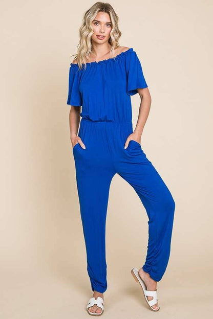 Off Shoulder Peasant Jumpsuit: XL, DESERT