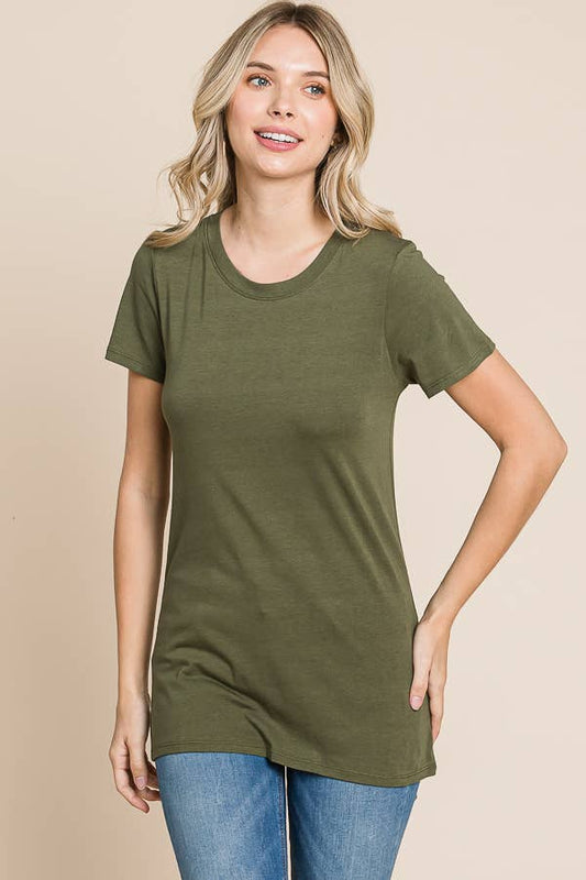Crew Neck Short Sleeve Fitted Top: M, NEW OLIVE