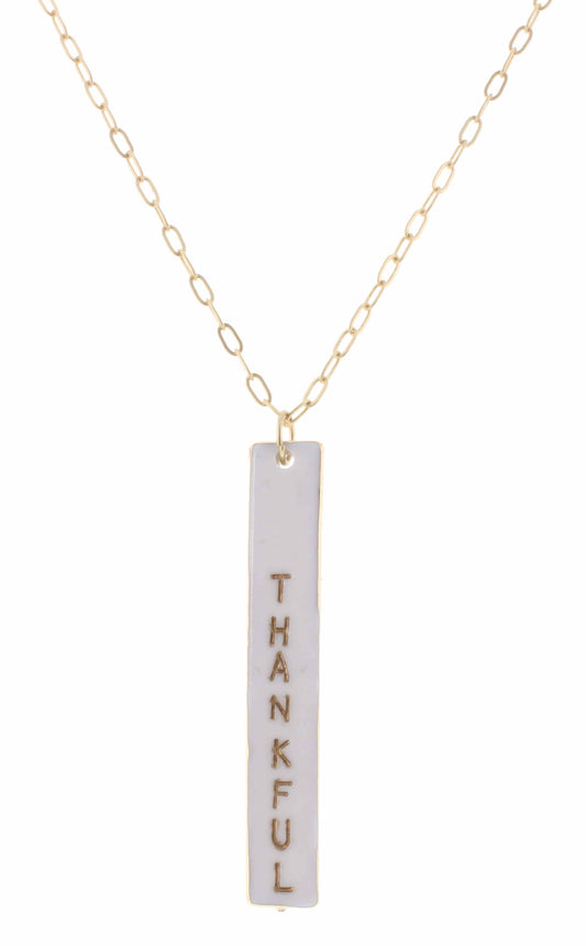 30" White Enamel "Thankful" Bar with Cross on Back Necklace