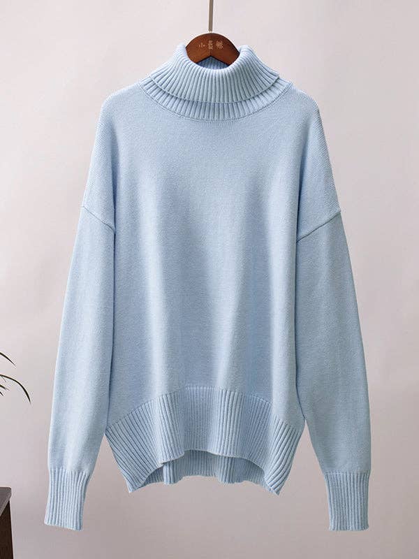 Long Sleeves Loose Solid Color High Neck Knitwear Sweater