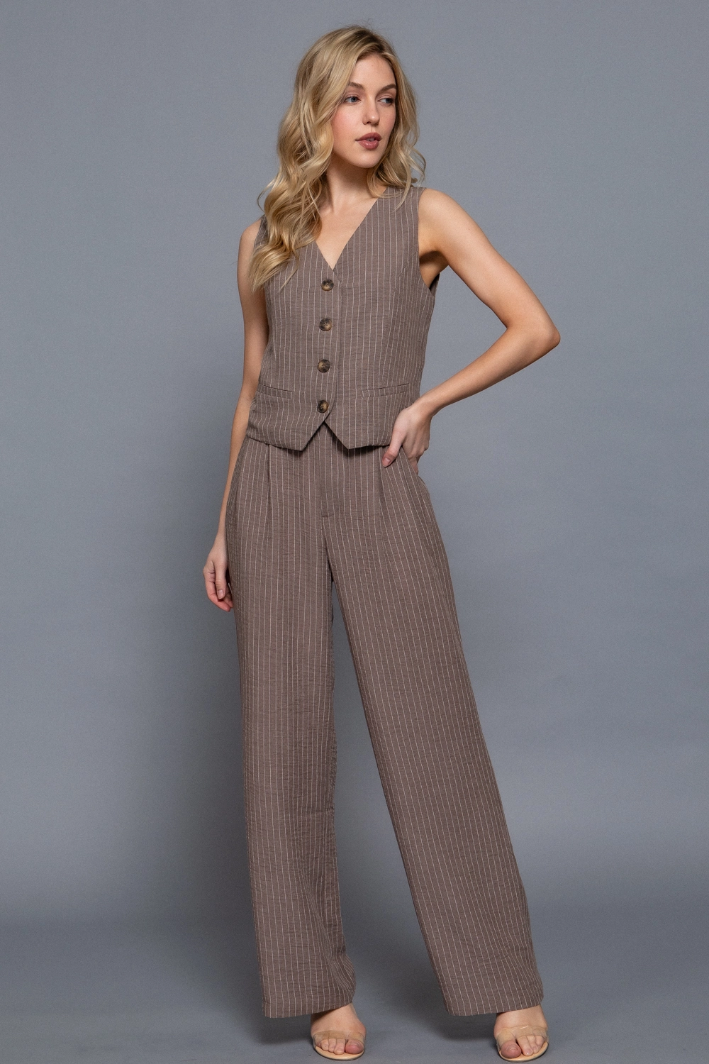 Straight Stripe Linen Effect Vest & Pant Set