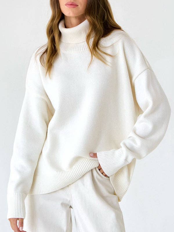 Long Sleeves Loose Solid Color High Neck Knitwear Sweater
