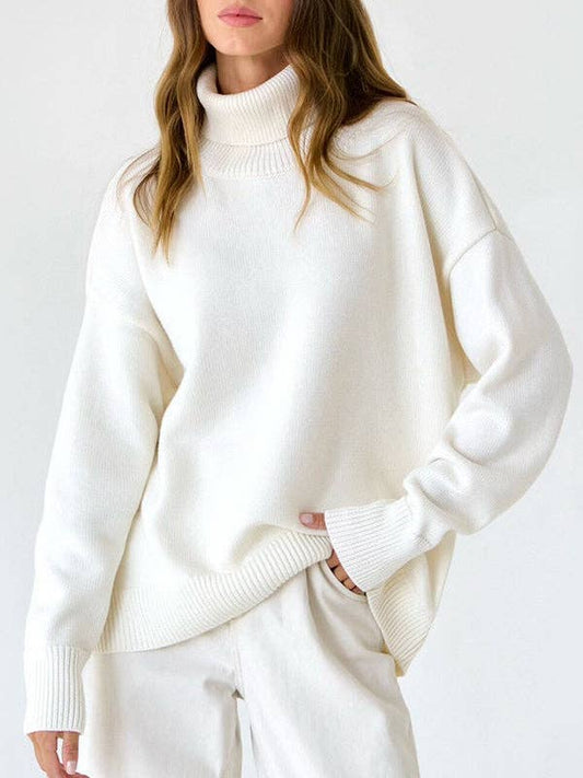 Long Sleeves Loose Solid Color High Neck Knitwear Sweater