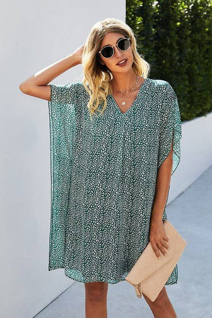 V Neck Loose Fit Print Short Dress
