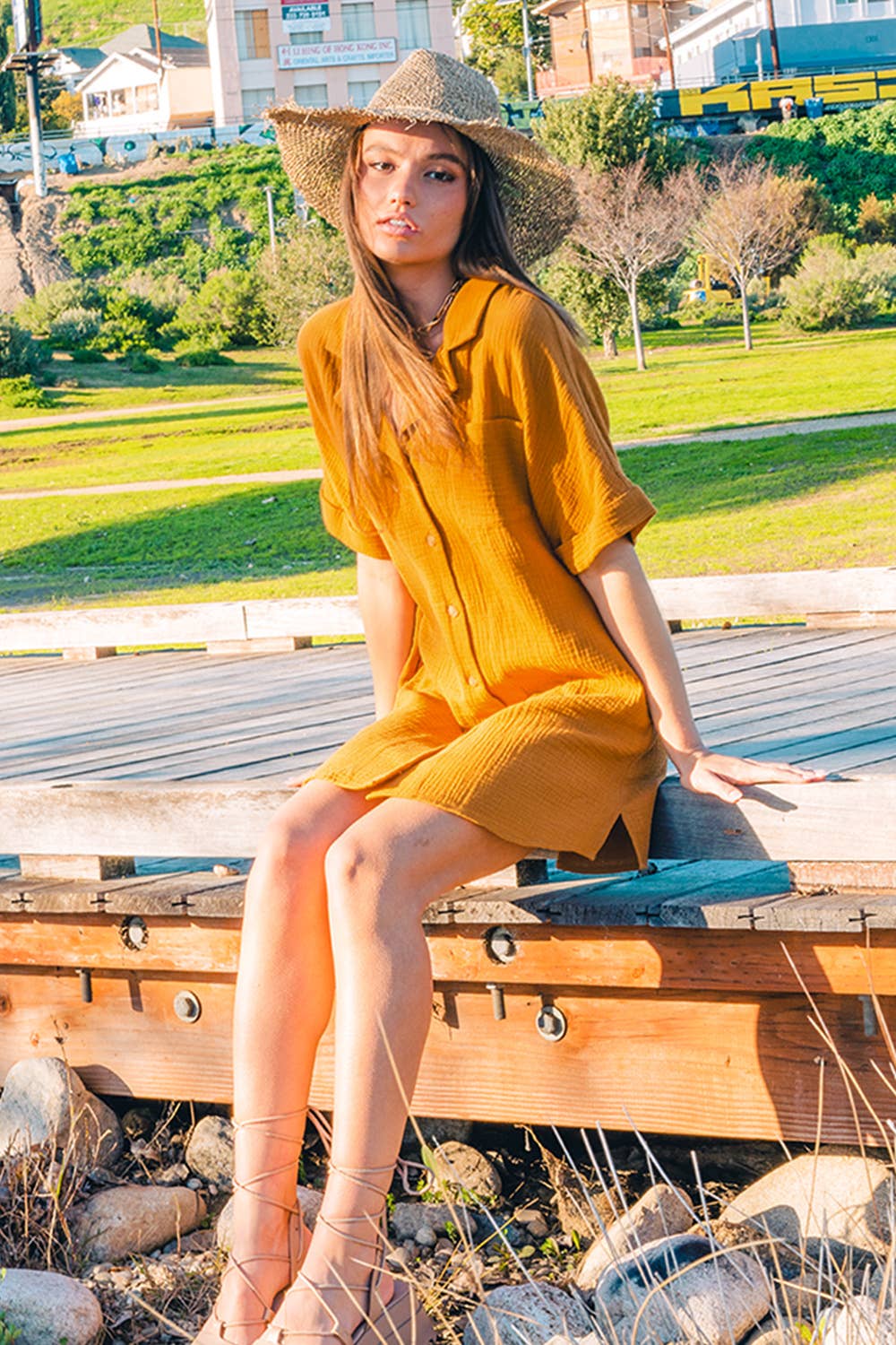 Half Sleeve Cutout Back Shirt Dress
