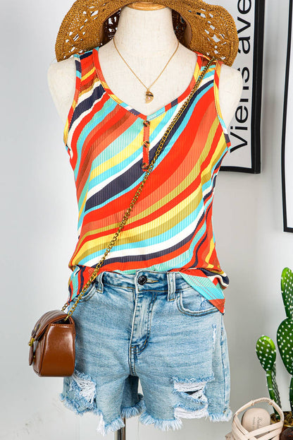 Striped Buttons V Neck Tank Top*S-XL