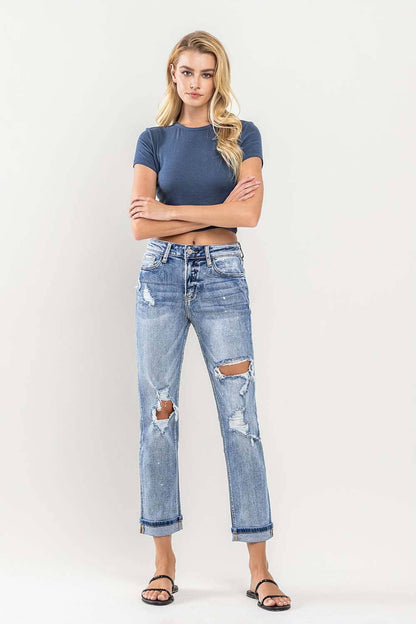 HIGH RISE PAINT SPLATTER CUFFED BOYFRIEND JEANS V2787
