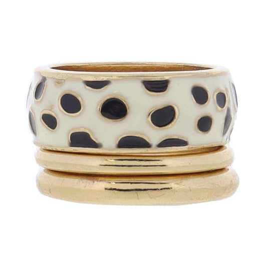 Set of 3, Cream & Black Spotted Band &Thin Gold Bands Ring