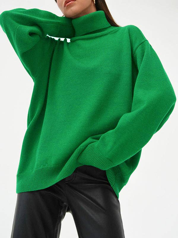 Long Sleeves Loose Solid Color High Neck Knitwear Sweater