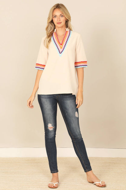 V-Neck Mandarin Collar Wave Half Sleeve Top