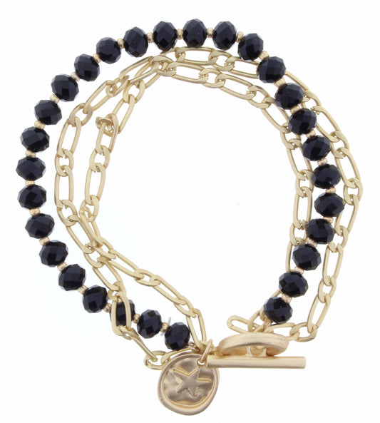 3 Strand Jet Beaded, 2 Gold Chains, Star Toggle Bracelet