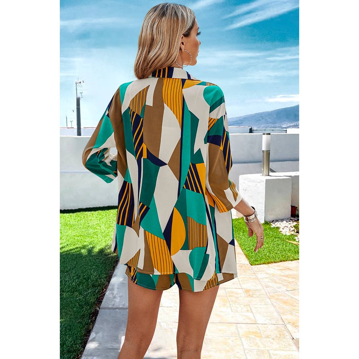 Graphic Print Open Front Pockets Blouse And Short