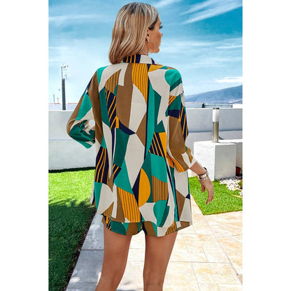 Graphic Print Open Front Pockets Blouse And Short
