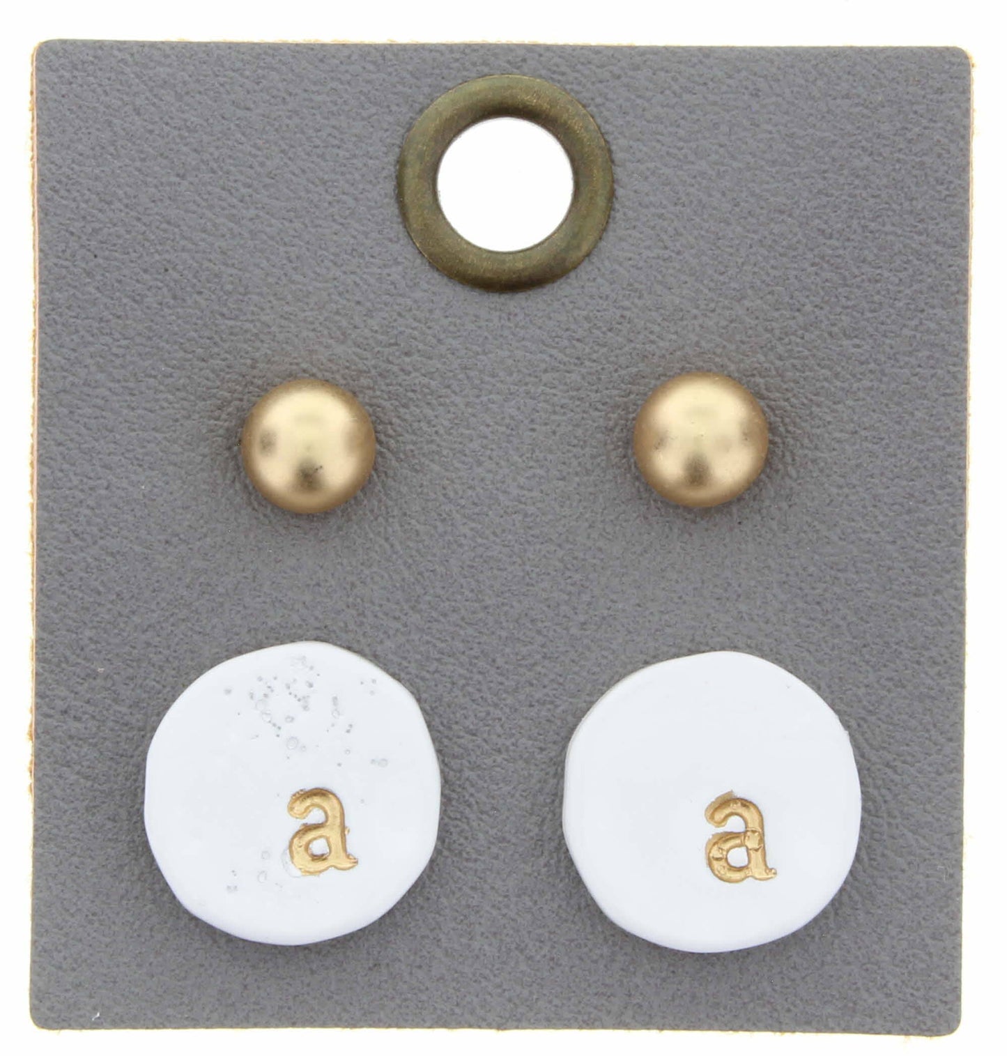 Gold Studs & White Stamped Initial "A" Disk Earring