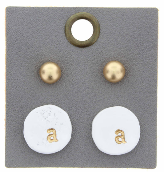 Gold Studs & White Stamped Initial "A" Disk Earring