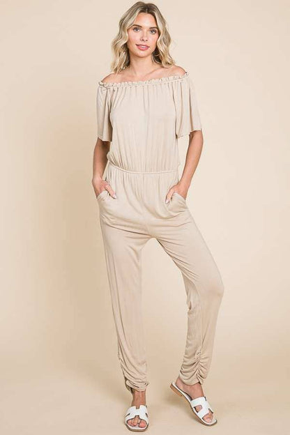 Off Shoulder Peasant Jumpsuit: XL, DESERT