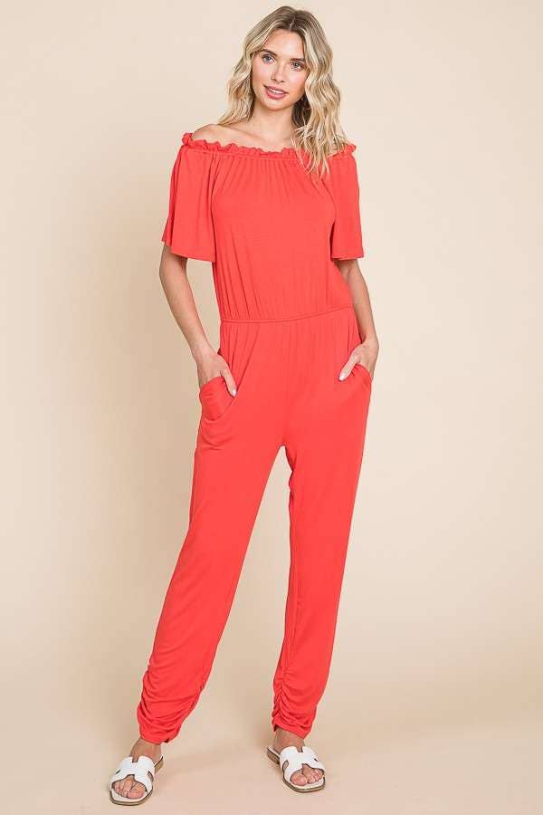 Off Shoulder Peasant Jumpsuit: XL, DESERT