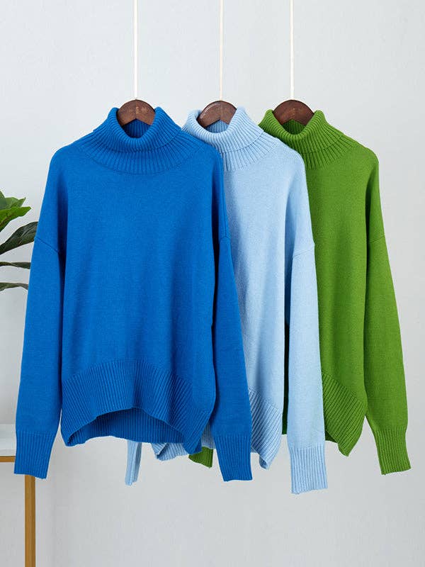 Long Sleeves Loose Solid Color High Neck Knitwear Sweater