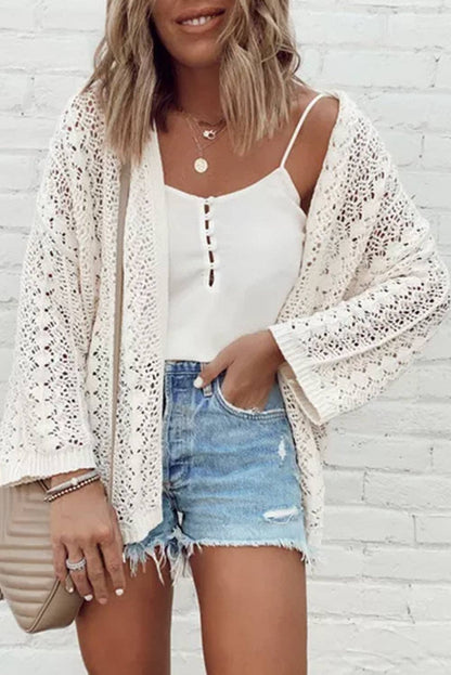 White Hollow Knit Drop Shoulder Cardigan
