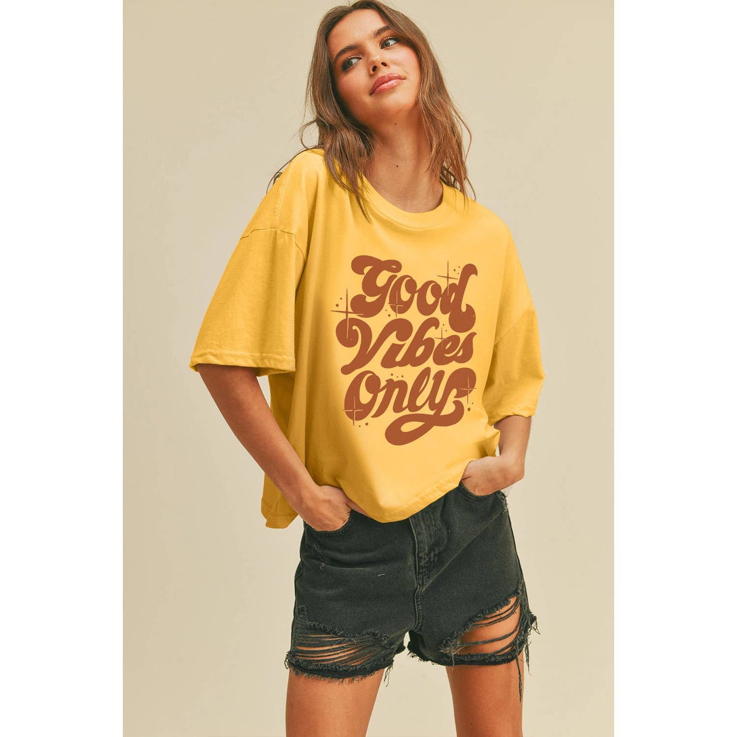 Good Vibes Only Boxy Tee: L, GOLDEN ROD