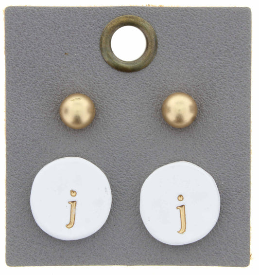 Gold Studs & White Stamped Initial "J" Disk Earring