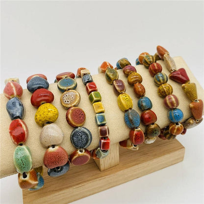 Colored Glazed Ceramic Elastic Bracelets: (Painted Pottery) Small Square