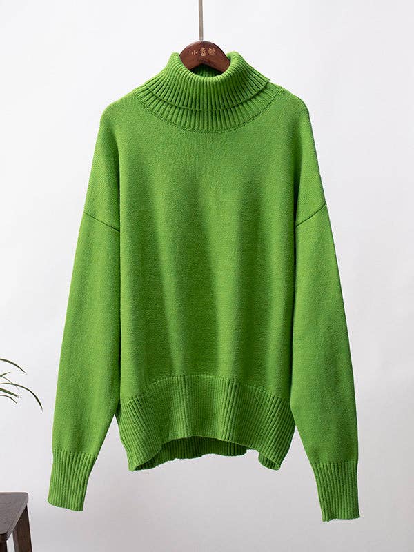 Long Sleeves Loose Solid Color High Neck Knitwear Sweater