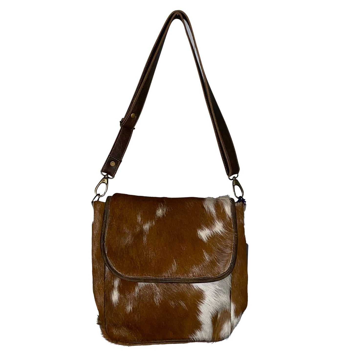 Foldover Crossbody Brown White Leather Hide