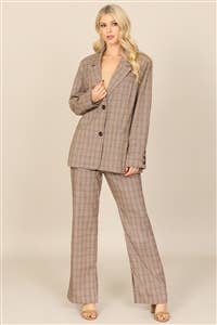Plaid Button Detail Jacket & Pants Set