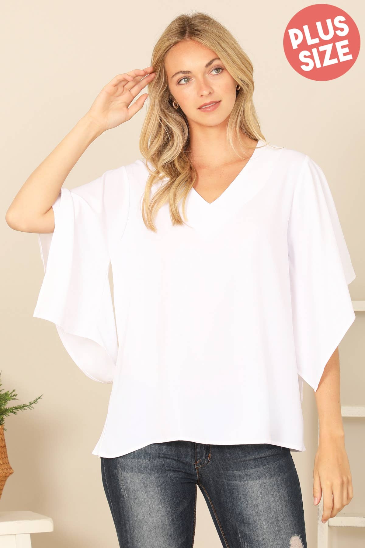 Plus Size White V-Neck Butterfly Sleeve Solid Top